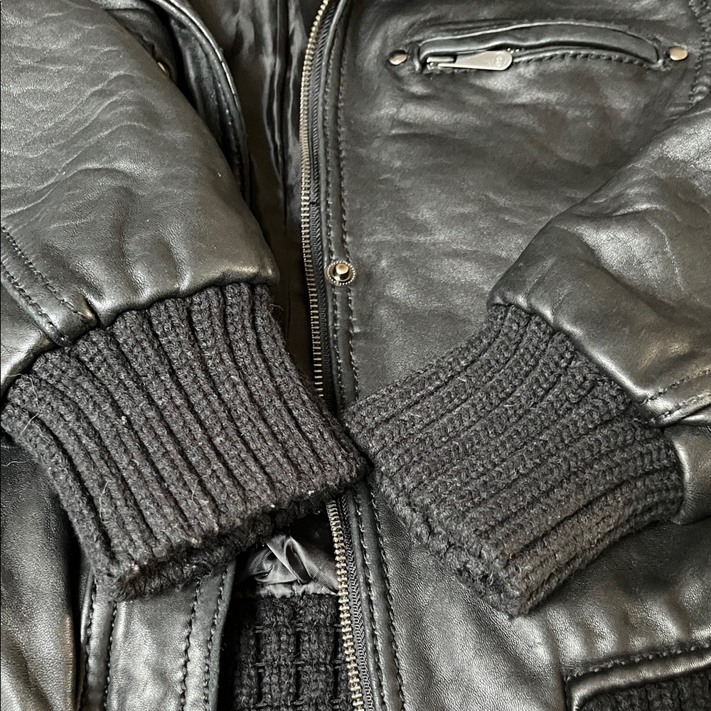 MICHAEL Michael Kors Black Leather Bomber Jacket Ribbed Knit Trim Size M - Picture 7 of 9